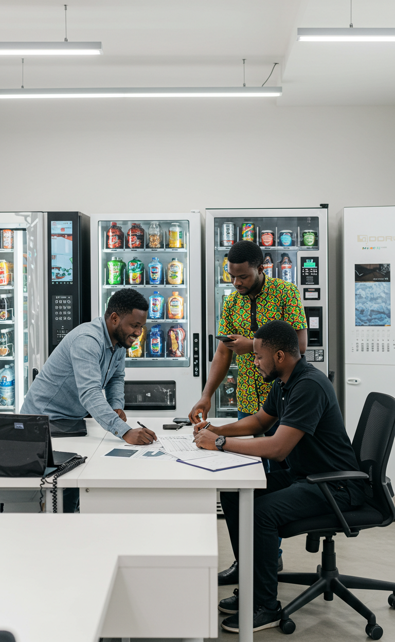 Employees using PlenishBox smart vending machine with mobile money