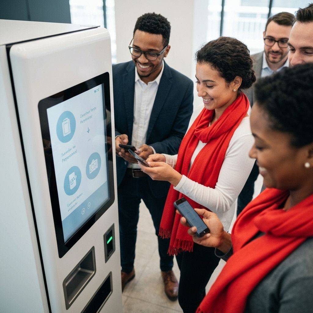 Ghana office employees using PlenishBox smart vending machine with mobile money payment in Accra workplace